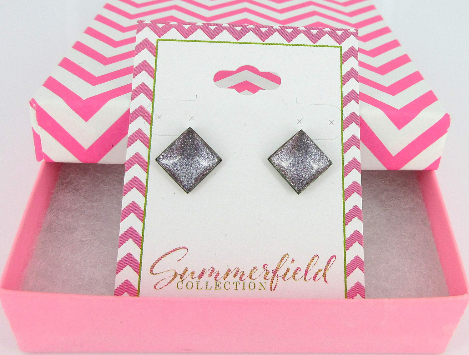 Stainless Steel Charcoal Gray Purple Green Glitter Glass Stud Earrings Hand-painted Square 10mm