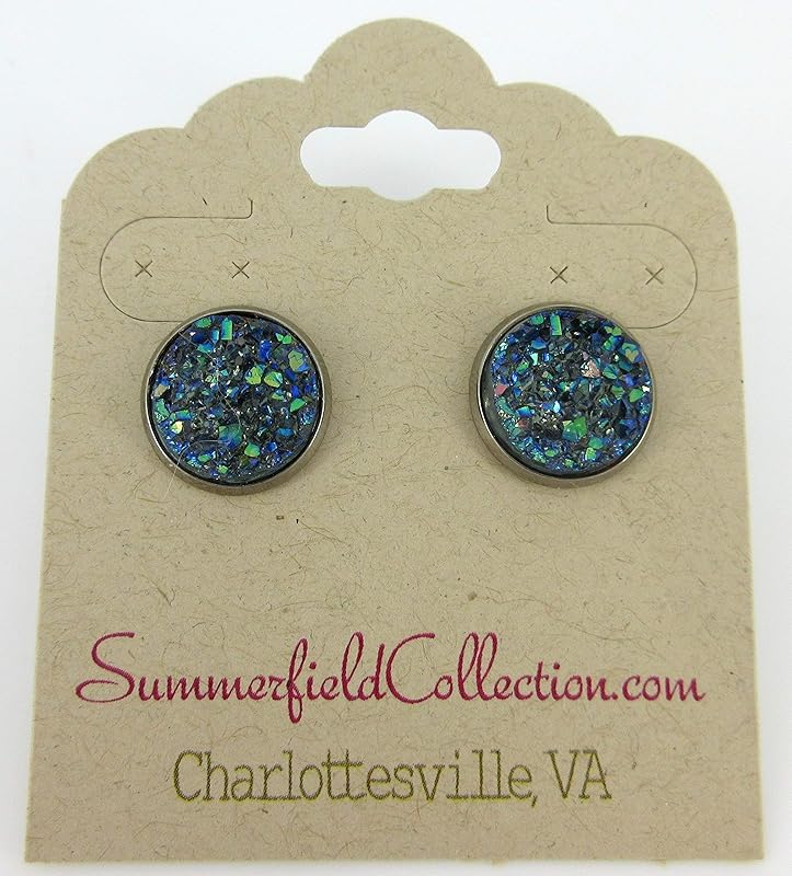 Summerfield Collection Hematite-tone Faux Druzy Stone Stud Earrings 12mm (Gray Green Blue AB)