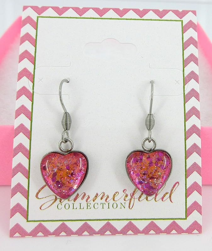 Summerfield Collection Hot Pink Hand-painted Glass Heart Choker Necklace Faux Black Suede Cord Dangle Earrings Set