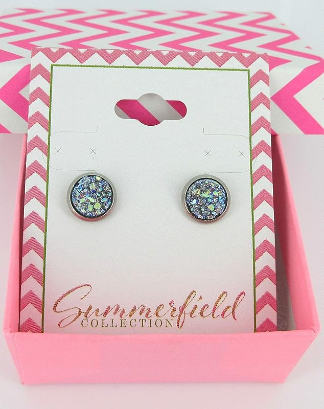 Summerfield Collection Stainless Steel Glitter Faux Druzy Stone Stud Earrings 8mm (Frost Blue)