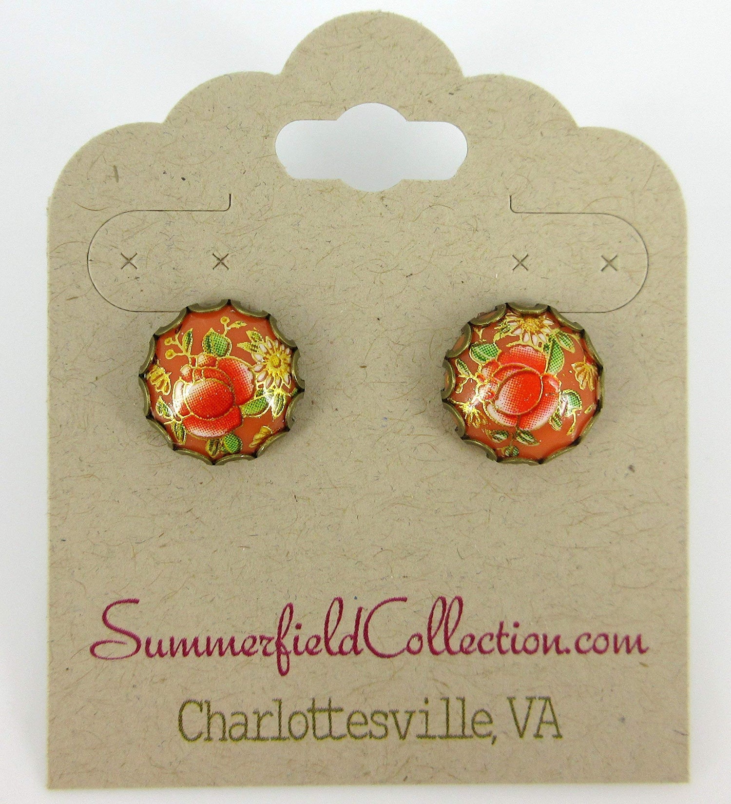 Antiqued Gold-tone Floral Print Stud Earrings 12mm