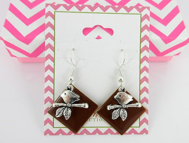 Summerfield Collection Silver-tone Brown Enamel Bird Charm Dangle Earrings