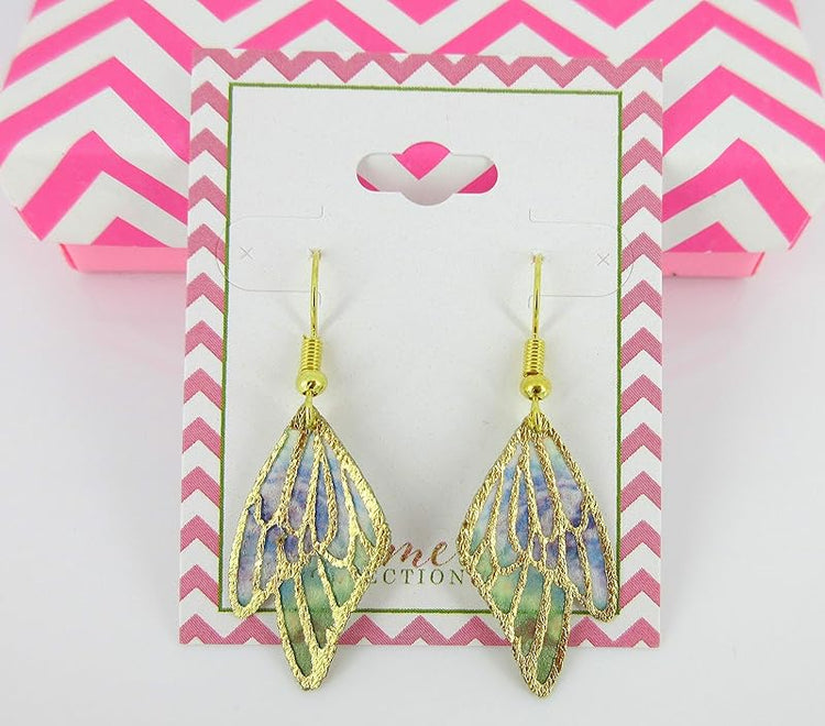 Summerfield Collection Gold Tone Butterfly Wing Fabric Dangle Earrings (Purple and Green Double Wing)