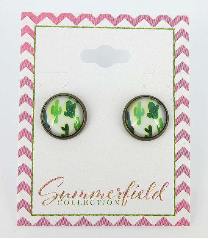 Summerfield Collection Antiqued Gold-tone Cactus Print Glass Stud Earrings 12mm