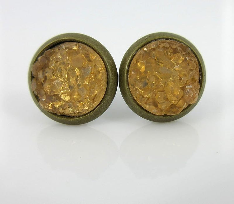 Summerfield Collection Trio Antiqued Gold-tone Stud Earrings 8mm Faux Druzy Stone Set (Green/Yellow/Blue)