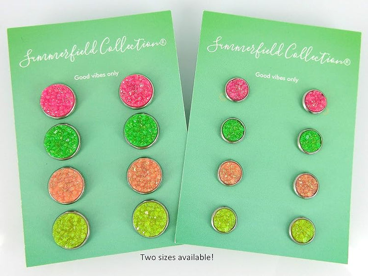 Summerfield Collection Stainless Steel Neon Pink Orange Yellow Green Faux Druzy Glitter Stone Stud Earrings Set (12mm)