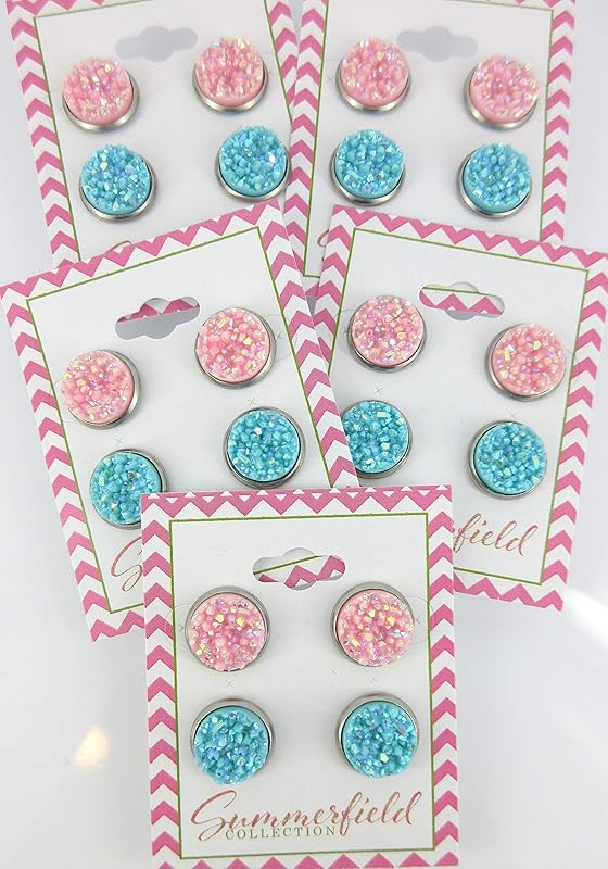 Summerfield Collection Duo Stud Earrings Stainless Steel Faux Druzy Stone 12mm Set (Pink and Blue AB)