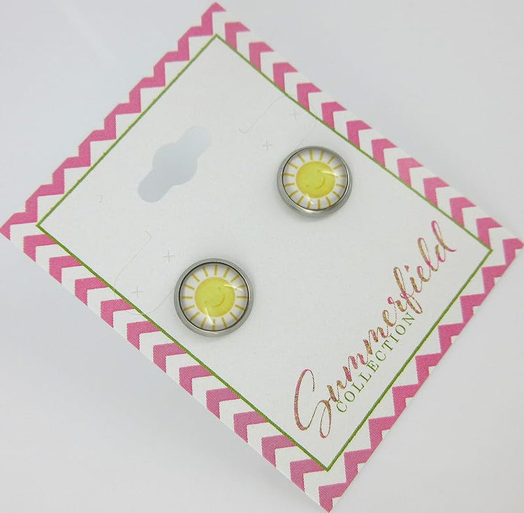 Summerfield Collection Stainless Steel White and Yellow Sunshine Print Glass Stud Earrings 10mm