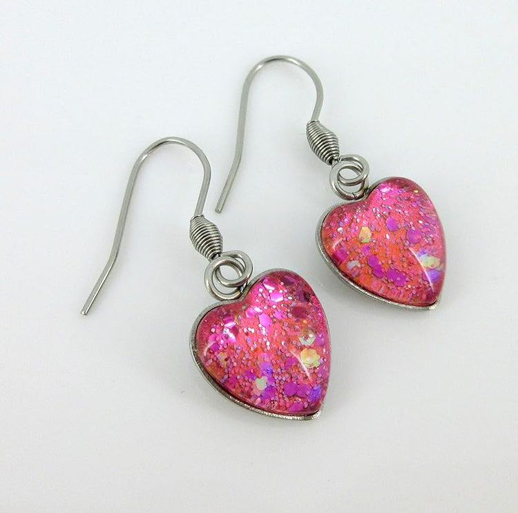 Summerfield Collection Hot Pink Hand-painted Glass Heart Choker Necklace Faux Black Suede Cord Dangle Earrings Set