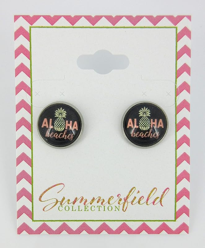 Summerfield Collection Stainless Steel Aloha Beaches Pineapple Print Glass Stud Earrings 12mm