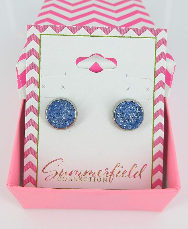 Summerfield Collection Stainless Steel Glacier Blue Faux Druzy Stone Stud Earrings (10mm)