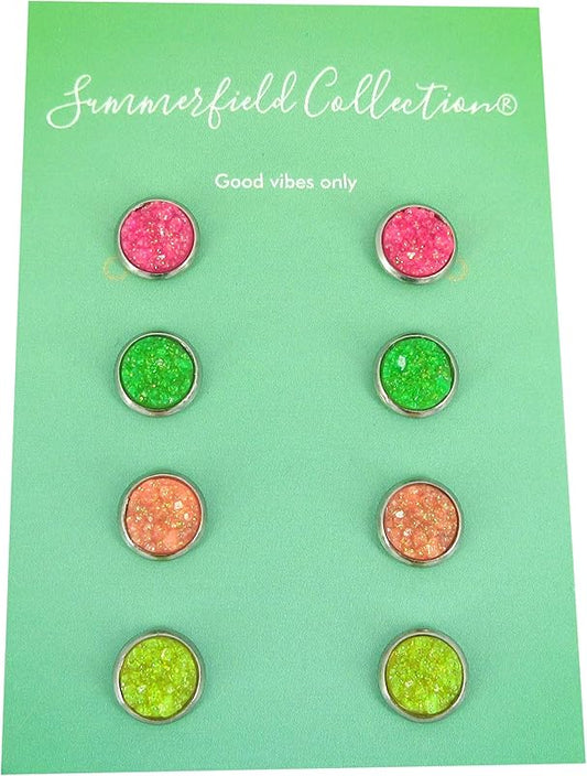 Summerfield Collection Stainless Steel Neon Pink Orange Yellow Green Faux Druzy Glitter Stone Stud Earrings Set (8mm)