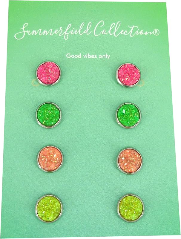 Summerfield Collection Stainless Steel Neon Pink Orange Yellow Green Faux Druzy Glitter Stone Stud Earrings Set (8mm)