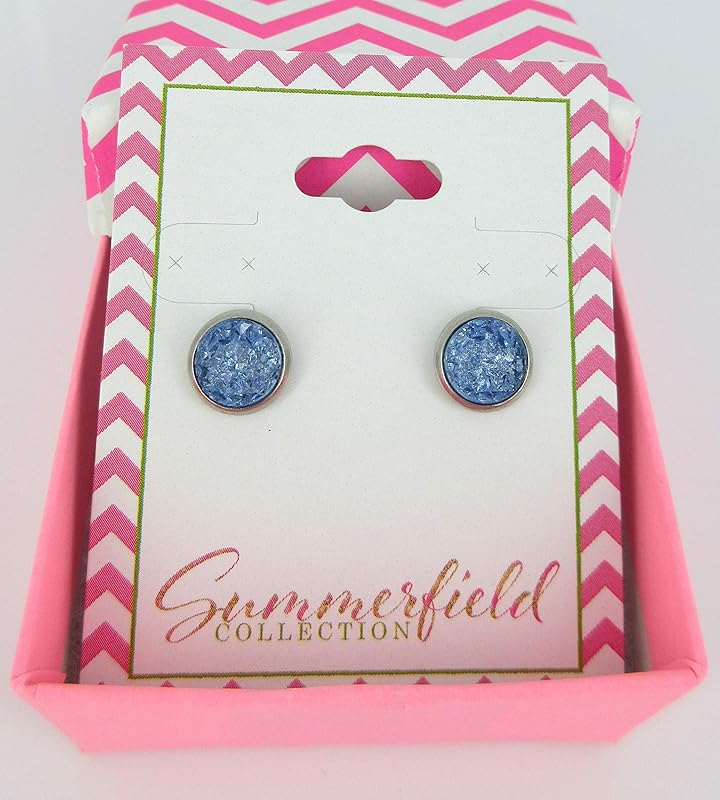 Summerfield Collection Stainless Steel Glacier Blue Faux Druzy Stone Stud Earrings (8mm)