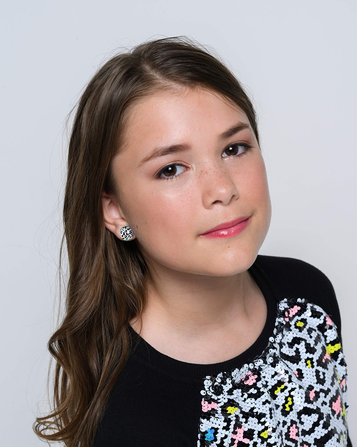 Silver-tone White and Rainbow Cheetah Animal Print Glass Stud Earrings 12mm