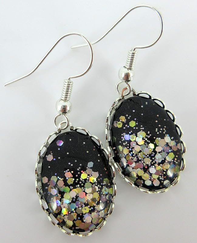 Summerfield Collection Silver-tone Black and Glitter Glass Oval Dangle Earrings
