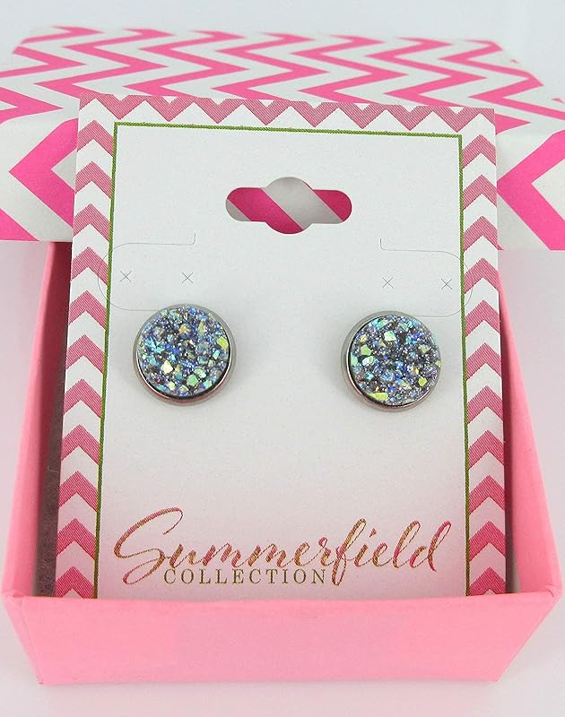 Summerfield Collection Stainless Steel Frost Blue Gray AB Glitter Faux Druzy Stone Stud Earrings (10mm)