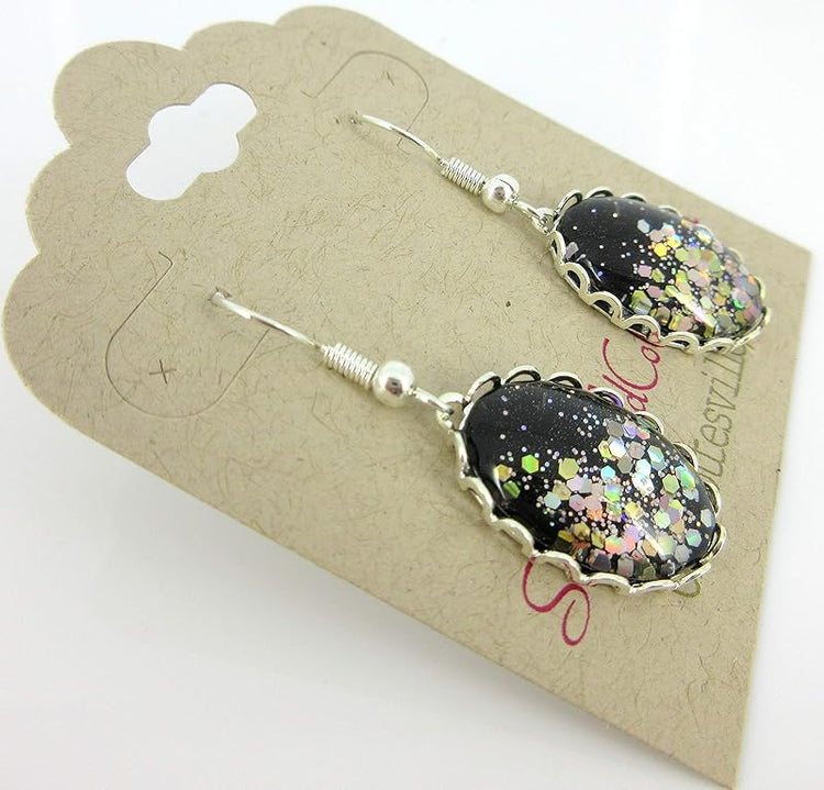 Summerfield Collection Silver-tone Black and Glitter Glass Oval Dangle Earrings