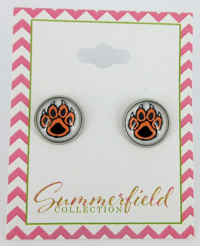 Summerfield Collection Stainless Steel Orange and Black Paw Print Glass Stud Earrings 12mm