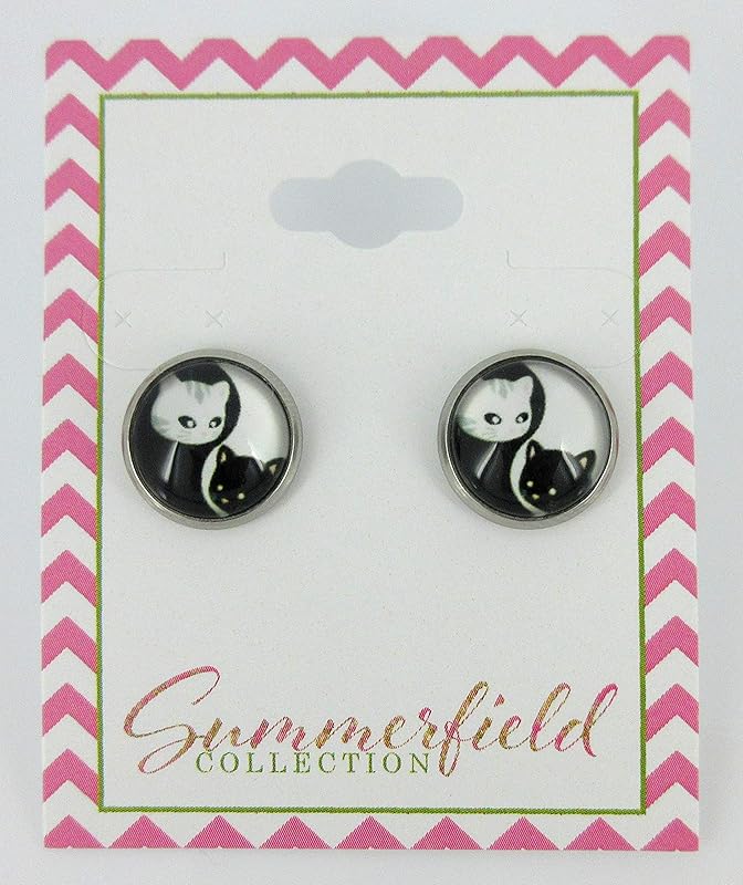 Summerfield Collection Stainless Steel Cat Lover Printed Glass Stud Earrings 12mm (Yin Yang Face)