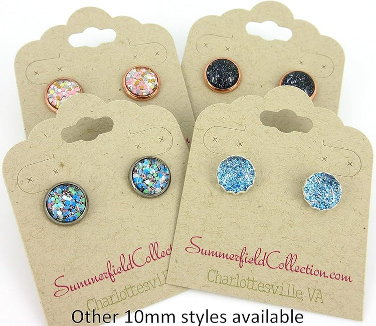 Summerfield Collection Rose Gold-tone Black and Holographic Flake Glitter Glass Stud Earrings Hand-painted 10mm