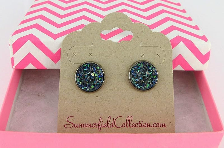 Summerfield Collection Hematite-tone Faux Druzy Stone Stud Earrings 12mm (Gray Green Blue AB)