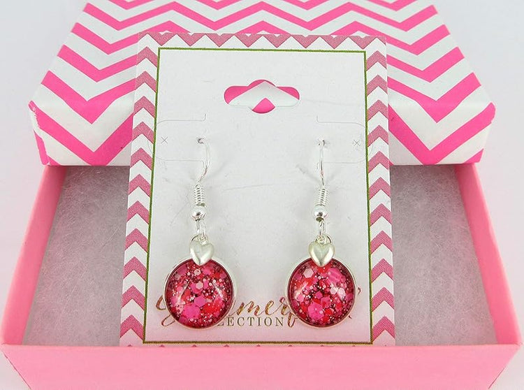 Summerfield Collection Silver-tone Pink Red White Glitter Glass Heart Charm Dangle Earrings Hand-painted