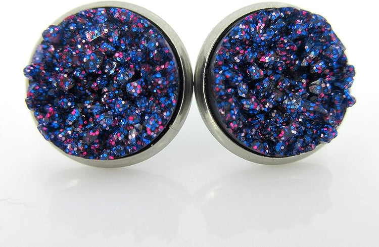 Summerfield Collection Trio Stainless Steel Glitter Faux Druzy Stone Stud Earrings Set (Purple/Silver/Blue)