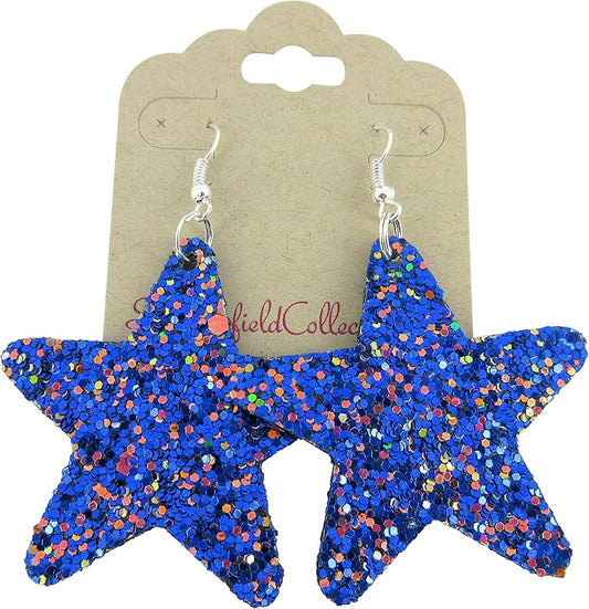 Summerfield Collection Glitter Faux Leather Large Star Dangle Earrings (Blue with Pink and Black)
