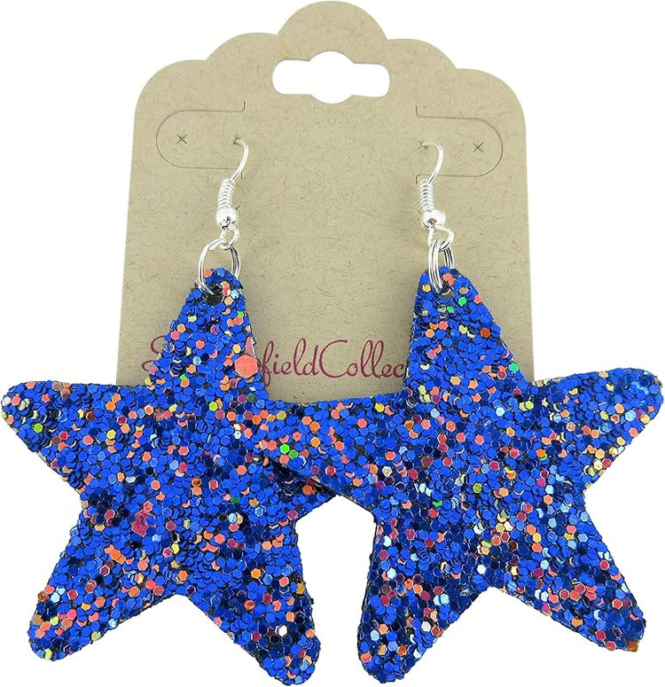 Summerfield Collection Glitter Faux Leather Large Star Dangle Earrings (Blue with Pink and Black)