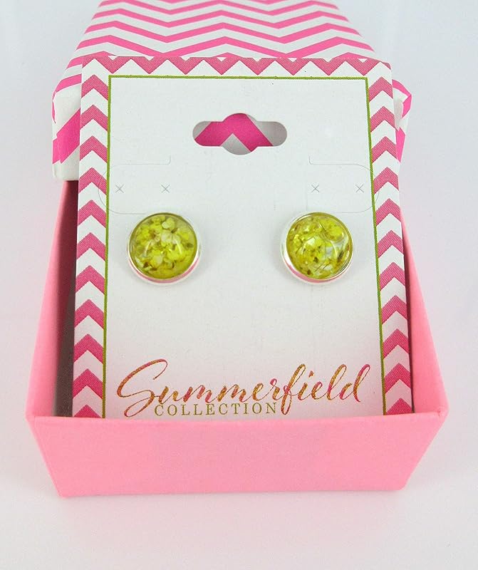 Summerfield Collection Silver-tone Clear and Dried Flower Resin Stud Earrings 10mm (Yellow)