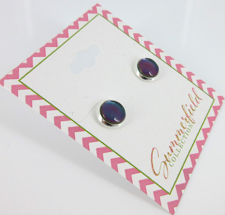 Silver-tone Dark Green Blue Color Shift Glitter Glass Stud Earrings Hand-painted 8mm