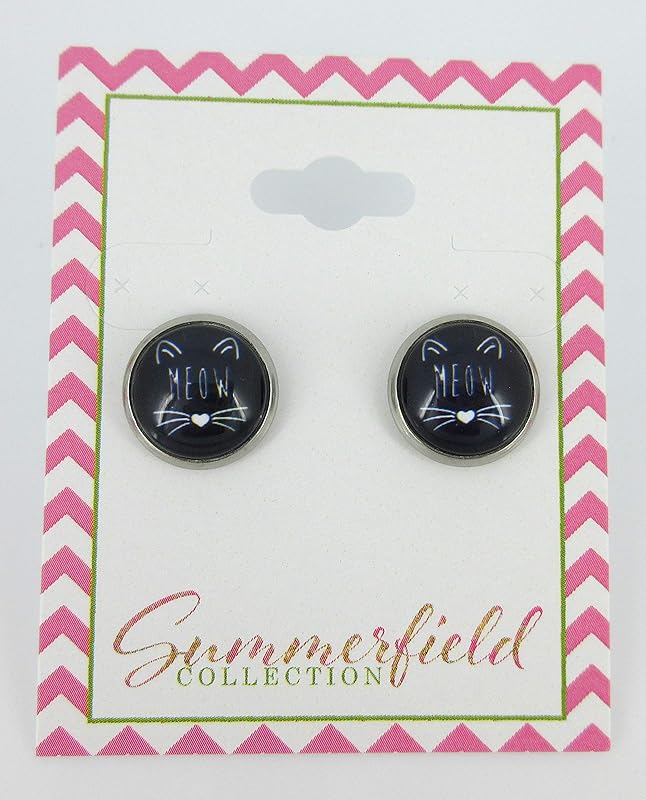 Summerfield Collection Stainless Steel Cat Lover Printed Glass Stud Earrings 12mm (Meow Cat Face)
