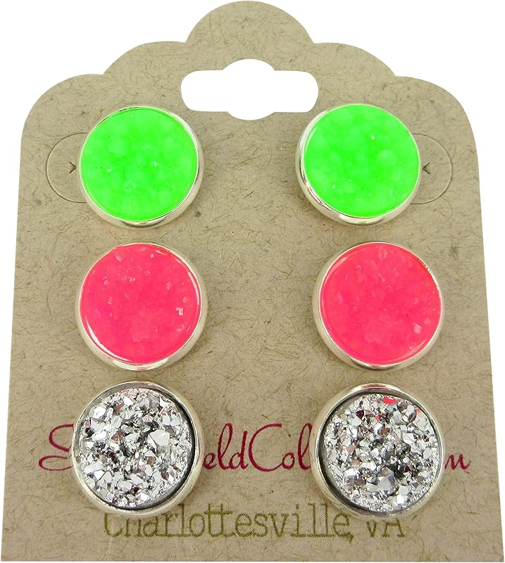 Summerfield Collection Trio Silver-tone Neon Green Pink Faux Druzy Stone Stud Earrings 12mm Set
