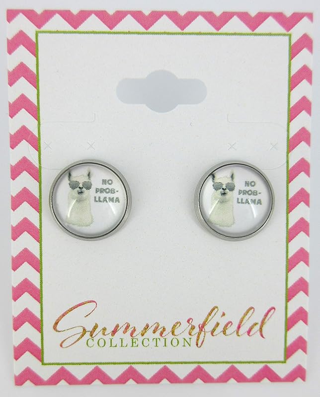 Summerfield Collection Stainless Steel Llama Print Glass Stud Earrings 12mm (No Prob Llama)