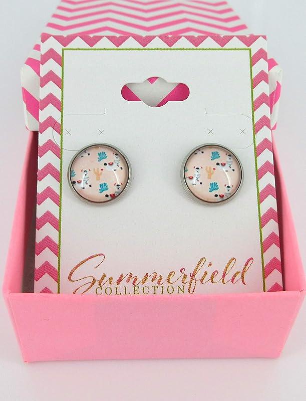 Summerfield Collection Stainless Steel Llama Print Glass Stud Earrings 12mm (Pink Pattern)