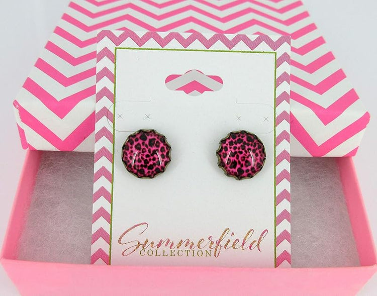 Summerfield Collection Antiqued Gold-tone Animal Print Glass Stud Earrings 12mm (Hot Pink)