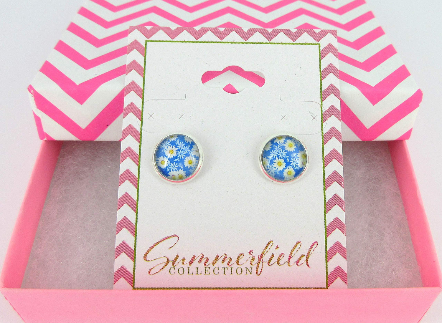 Silver-tone Daisy Flower Print Glass Stud Earrings 10mm