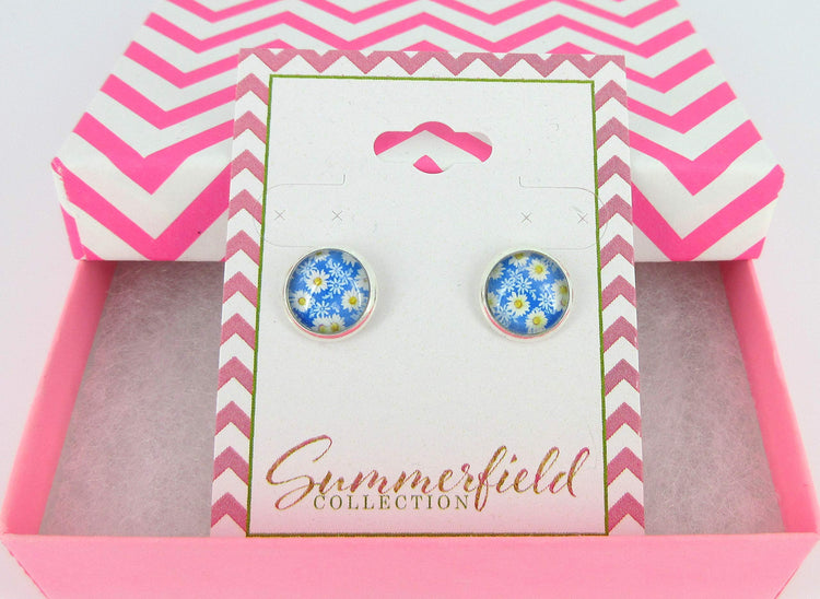 Silver-tone Daisy Flower Print Glass Stud Earrings 10mm