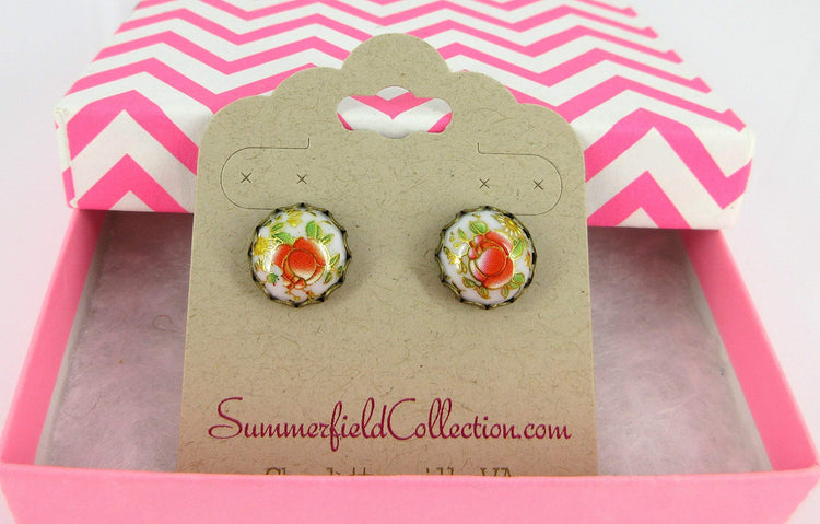 Antiqued Gold-tone Floral Print Stud Earrings 12mm