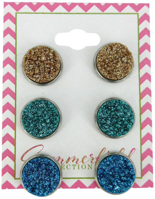 Stainless Steel Ocean Gold Teal Blue Glitter Faux Druzy Stone Stud Trio Earrings Set