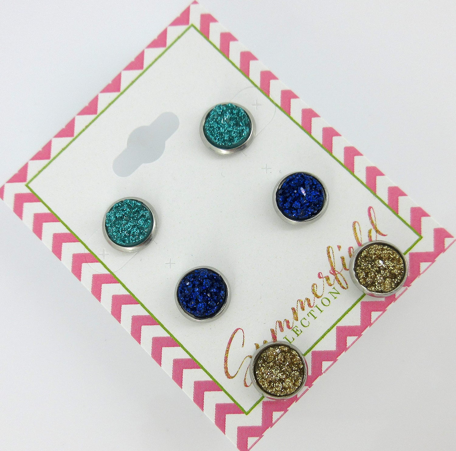 Trio Stainless Steel Ocean Blues Faux Glitter Druzy Stone 8mm Stud Earrings Set Teal Cobalt