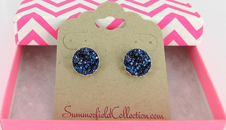 Summerfield Collection Silver-tone Faux Druzy Stone Stud Earrings 12mm (Metallic Dark Blue/Purple)