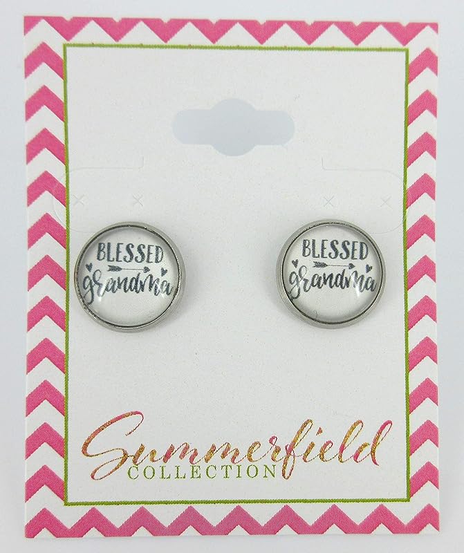 Summerfield Collection Stainless Steel Blessed Grandma Print Glass Stud Earrings 12mm