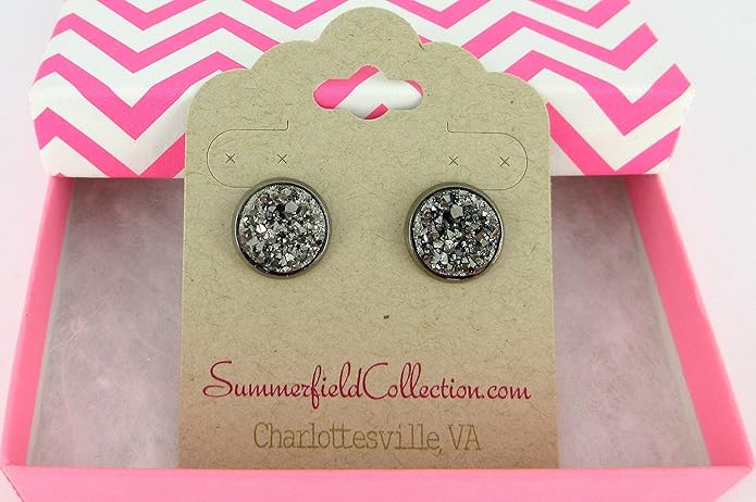 Hematite-tone Faux Druzy Stone Stud Earrings 12mm (Gunmetal Gray)