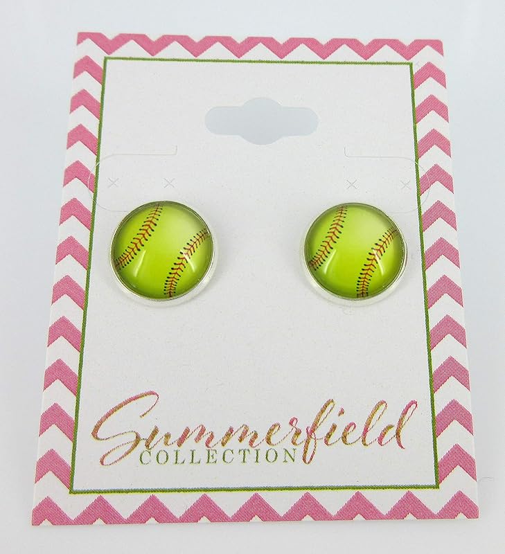 Summerfield Collection Silver-tone Softball Print Glass Stud Earrings 12mm