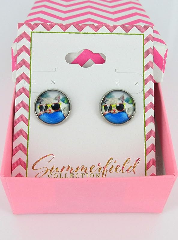 Summerfield Collection Stainless Steel Cat Lover Printed Glass Stud Earrings 12mm (Cool Cat)