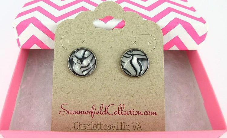 Summerfield Collection Hematite-tone Black and White Zebra Print Stud Earrings 12mm