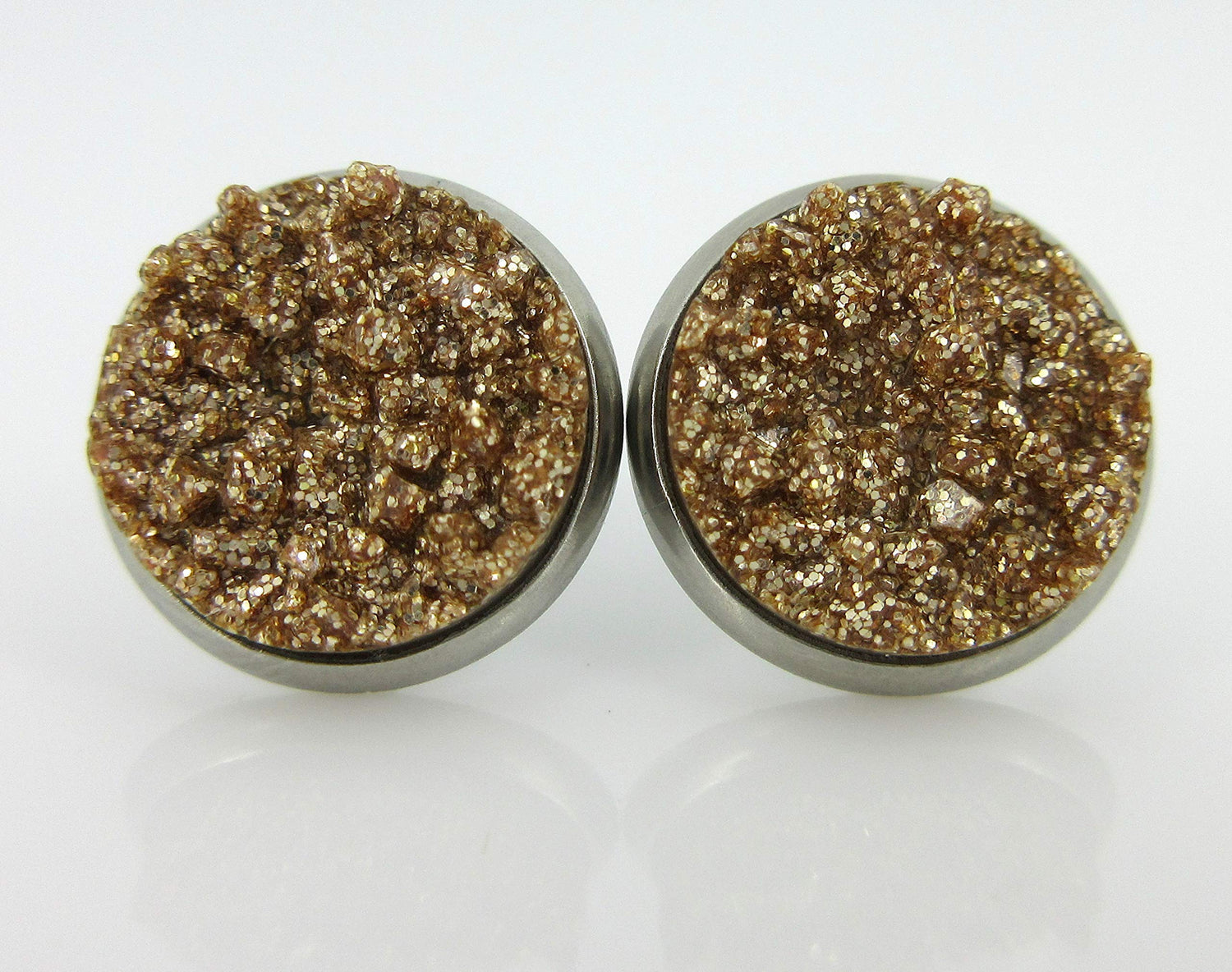 Stainless Steel Ocean Gold Teal Blue Glitter Faux Druzy Stone Stud Trio Earrings Set