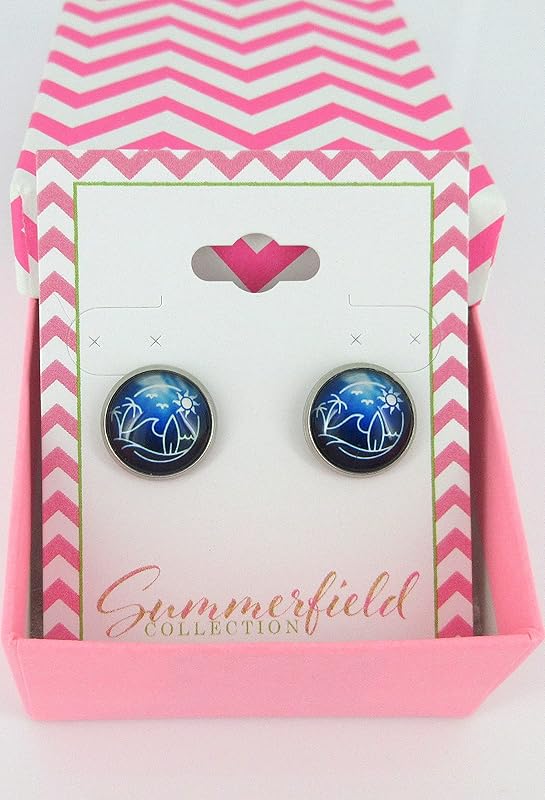 Summerfield Collection Stainless Steel Blue Surf Scene Ocean Waves Palm Trees Sun Print Glass Stud Earrings 12mm